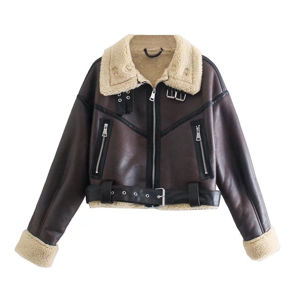 Trendy Cropped Faux Shearling Jacket For Women - Winter Brown Biker Style Coat With Notched Collar (XS/S/M/L/XL) - Edgy & Warm_ecoleips.com