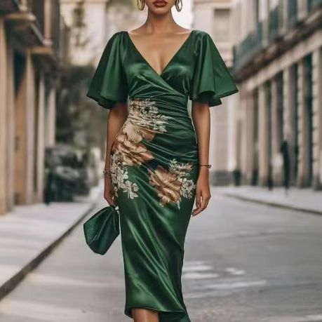 Women's V Neck Short Sleeve Dress Floral Print Pleated Long Skirt Digital Print Clothing For Ladies_ecoleips.com