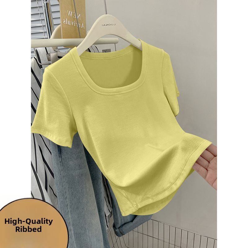 Stylish Women's Ribbed T-Shirt Square Neck Short Sleeve High End Durable Wear Resistant Unique Versatile Elegant Straight Shoulder_ecoleips.com