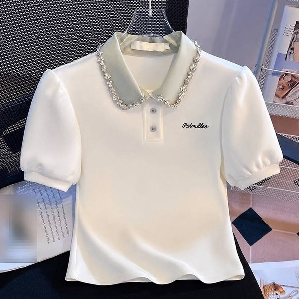 Women's Clothing Slim Fit Polo Collar T-Shirt Rhinestone Embellished Short Sleeve Summer Top Unique Design Heavy Duty New Style_ecoleips.com
