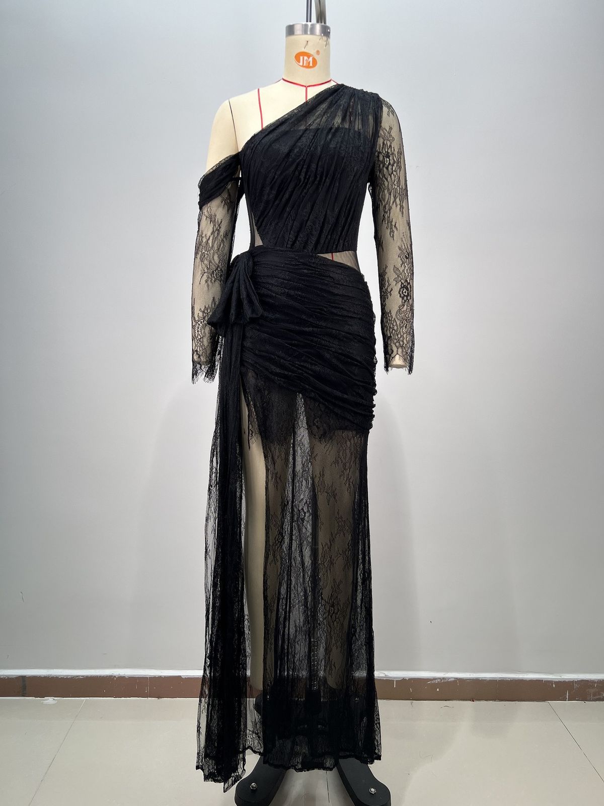 Women's Clothing Lace Oblique Shoulder Mesh Tight Slit Long Hip Wrapped Slim Dress Evening Dress_ecoleips.com