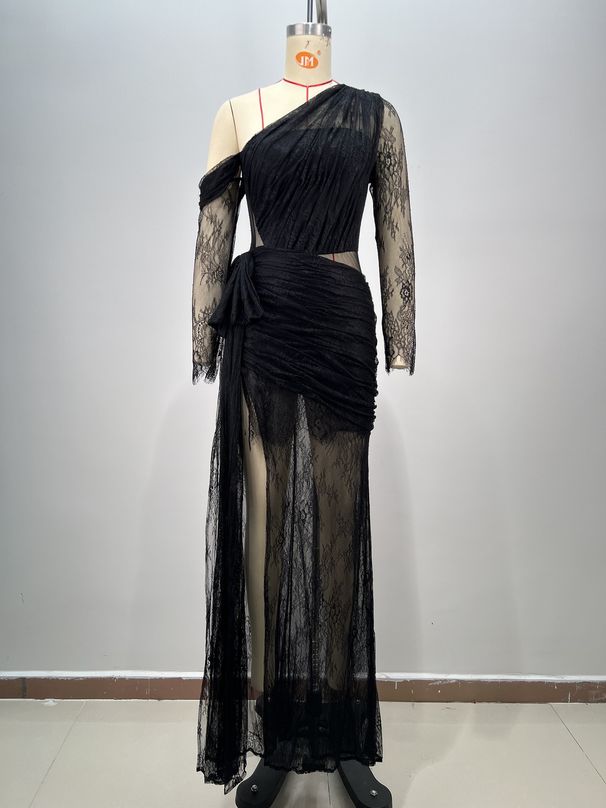 Women's Clothing Lace Oblique Shoulder Mesh Tight Slit Long Hip Wrapped Slim Dress Evening Dress_ecoleips.com