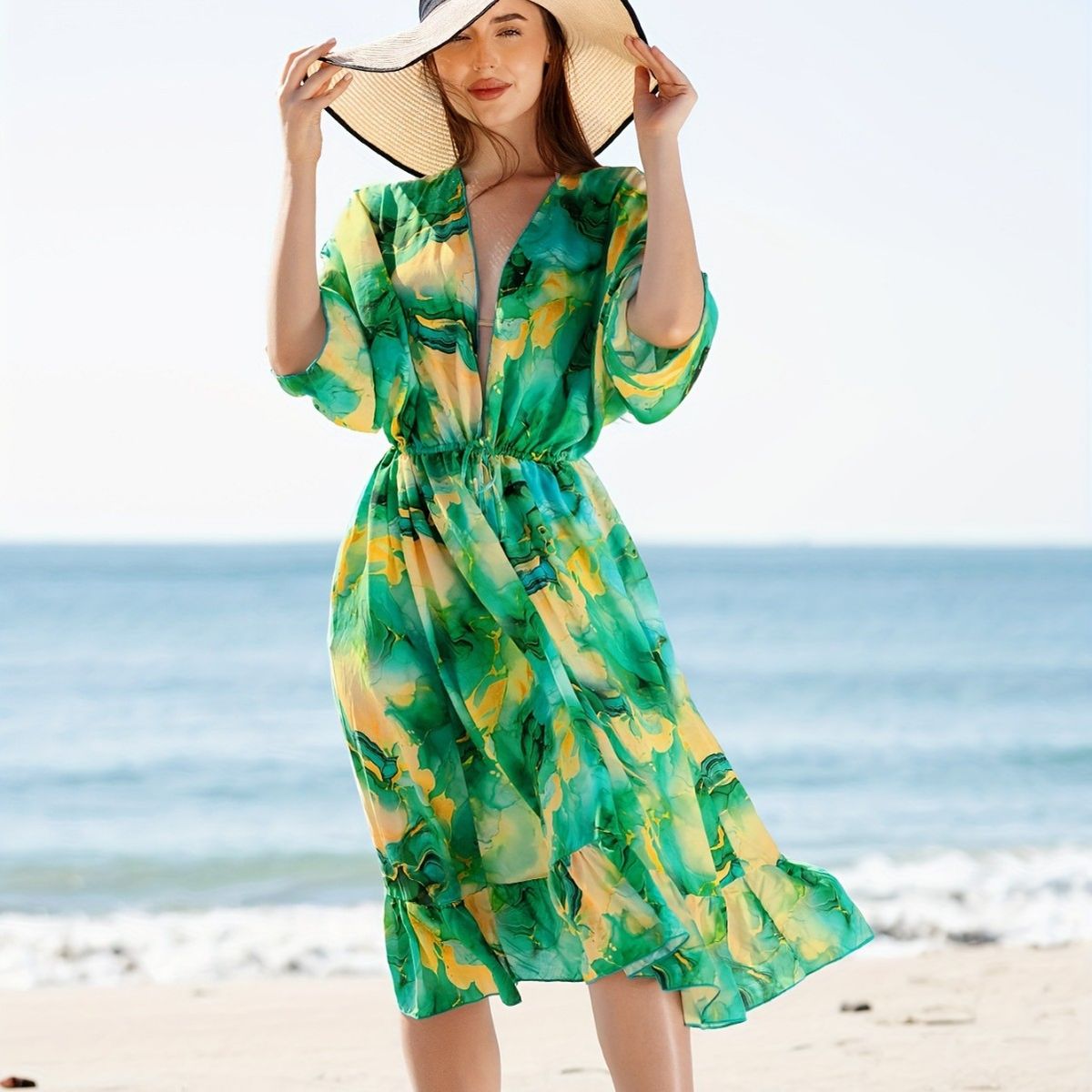 "Sexy V-Neck Long Sleeve Sun Cover-Up – Flattering Beach Dress, Tummy Control & Stylish Swimwear Cover"_ecoleips.com