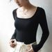 Women's Square Neck Ribbed Fabric T-Shirt Black Low Neck Patchwork Striped Base Layer Autumn Top American Style_ecoleips.com