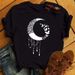 European And American Cross-border Foreign Trade Women's Clothing, Moon Print Round Neck Short-sleeve T-shirt Top_ecoleips.com