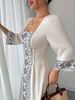 Maxi Dress Spring Summer Women White Square Neck 3/4 Sleeve Ethnic Embroidery Lace Up Elegant Party Dress_ecoleips.com