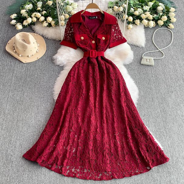 Women's Clothing High Class Lady Elegant Suit Collar Short Sleeved Dress Dress Female New Waist Slim Lace Long Skirt_ecoleips.com