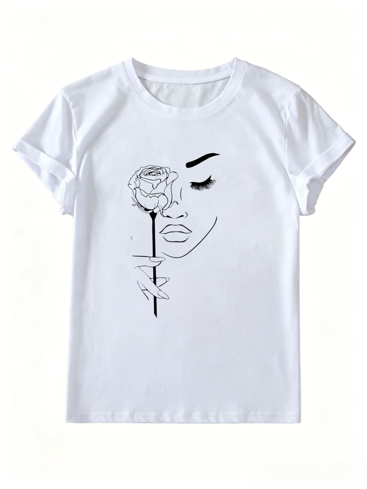 Women Crew Neck Short Sleeve T-Shirt Minimalist One Line Woman Holding Rose Abstract Graphic Casual Summer Basic Daily Top For Ladies_ecoleips.com
