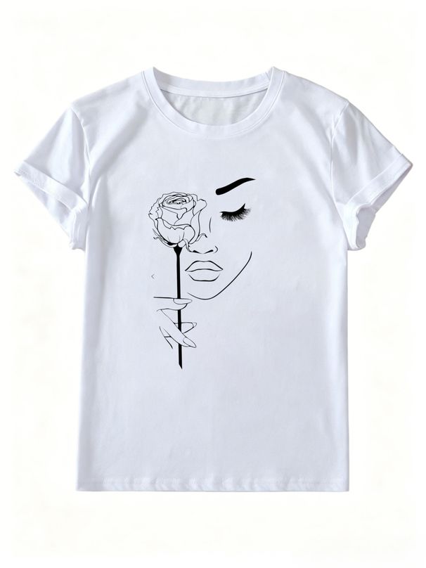Women Crew Neck Short Sleeve T-Shirt Minimalist One Line Woman Holding Rose Abstract Graphic Casual Summer Basic Daily Top For Ladies_ecoleips.com
