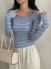 2026 New Women's Elegant Off-Shoulder Sweater T-Shirt Black White Striped With Adjustable Lace-Up Fall Winter Casual Chic Top_ecoleips.com
