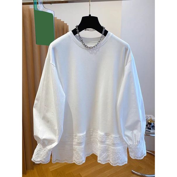 American Style Air Cotton White Lace Trim Patchwork Long Sleeve T-Shirt For Women Spring Korean Version Loose Solid_ecoleips.com