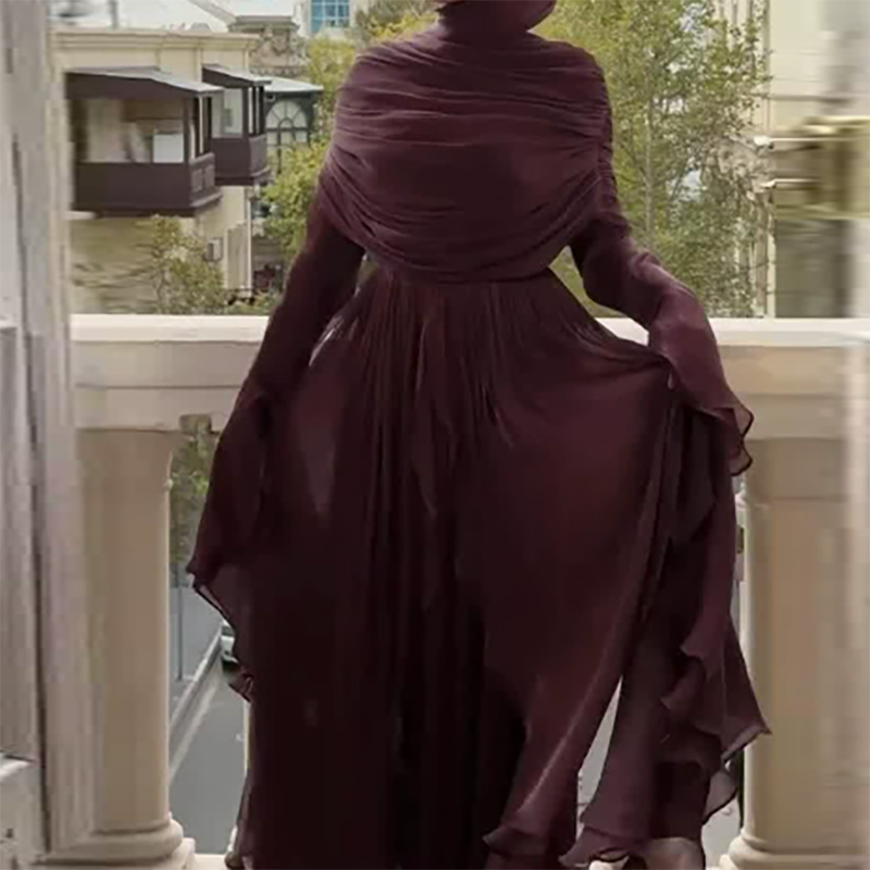 Elegant Temperament Flared Sleeves Robe Dress Spring New Formal Occasion Women Dress Lotus Leaf Edge Design O-neck Evening Dress_ecoleips.com