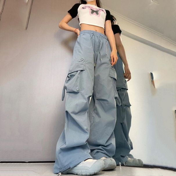 American Style Trendy Retro Quick-Dry Cargo Casual Pants For Women Summer High Waist Straight Loose Floor-Length_ecoleips.com