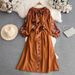 Women's Retro Ethnic Style Long Sleeve Dress Spring Autumn Slim Waist A-Line Cotton Linen Round Neck Elegant Lantern Dress_ecoleips.com