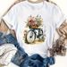 European And American Cross-border Foreign Trade Women's Floral Bicycle Print Round-neck Short-sleeve T-shirt Top_ecoleips.com