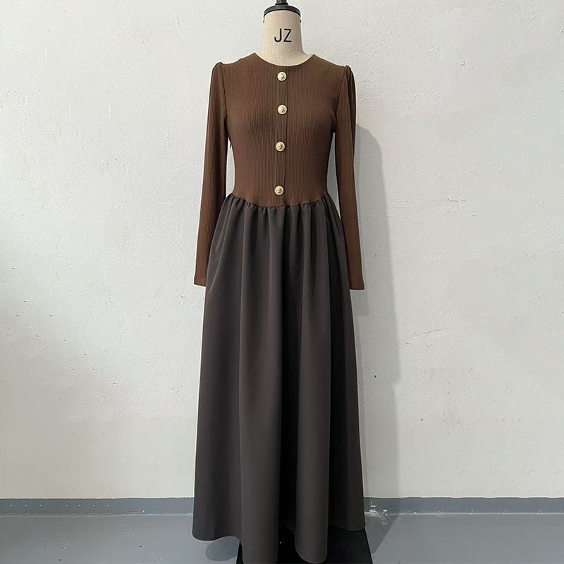 Elegant Color-Block Long Sleeve Dress For Women – Stylish A-Line Fall Dress With Round Neck & Flowy Silhouette_ecoleips.com