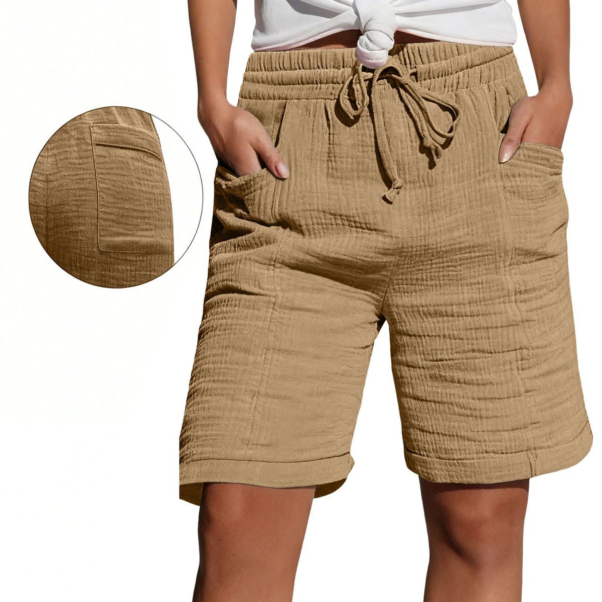 Summer High-Waisted Women's Cotton Shorts with Drawstring And Pockets European American Style Five-Point Shorts_ecoleips.com