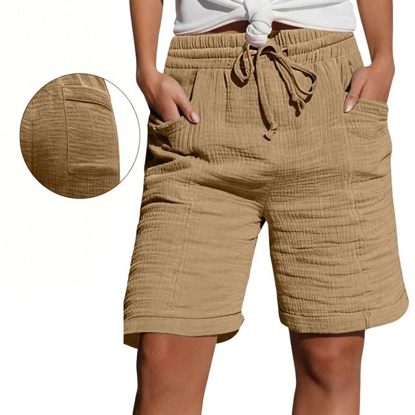 Summer High-Waisted Women's Cotton Shorts with Drawstring And Pockets European American Style Five-Point Shorts_ecoleips.com