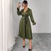 Women's Clothing Plus Size Clothes "Elegant High Waisted Dress – Retro Tie-Waist V-Neck Slimming Dress For Women, Solid Color Versatility"_ecoleips.com