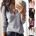 New Fall/Winter 2019 . Long-Sleeve V-Neck Waffle Top European And American Foreign Trade Women's T-Shirt_ecoleips.com
