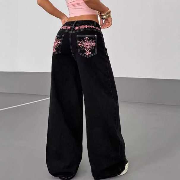 Embroidered Vintage Wide-Leg Jeans – Floral Cross Stitch On Black Denim (High Waist, Sizes 26-31)_ecoleips.com