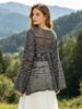 Women Hollow Out Knit Cardigan Loose Flare Long Sleeve Striped Ribbed Top Lightweight Breathable Tie Front Sheer Cover Up Blouse_ecoleips.com