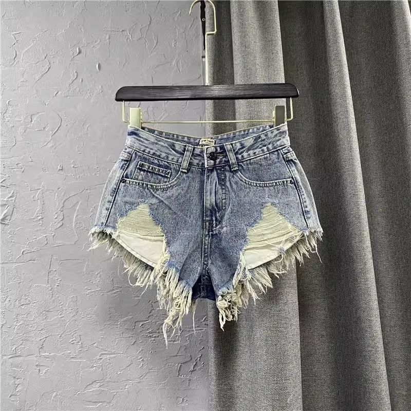 European And American Style Slim Fit Ripped Pocket Tassel Frayed Vintage Color Denim Shorts Sexy Low Waist A-Line Hot_ecoleips.com