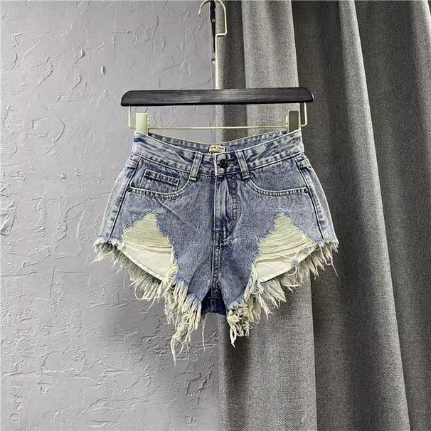 European And American Style Slim Fit Ripped Pocket Tassel Frayed Vintage Color Denim Shorts Sexy Low Waist A-Line Hot_ecoleips.com