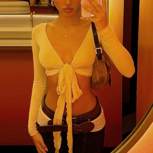 Women's Sexy Deep V Neck Long Sleeve T-Shirt European American Style Solid Color Cropped Top Summer New Arrivals 2025_ecoleips.com