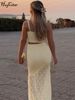 Hugcitar Fashion 2 Pcs Sets Ruffles Solid Sexy Crop Camis Top Patchwork Mesh Maxi Skirt Women Y2K Outfits Beach Festival Club_ecoleips.com
