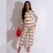 Women's Clothing Summer New Sexy Knitted Contrast Color Long Sleeved Trousers Wide Leg Casual Suit_ecoleips.com