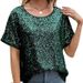 Women's Casual Sequined Off-Shoulder T-Shirt Loose Fit Short Sleeve Crew Neck Style Top_ecoleips.com