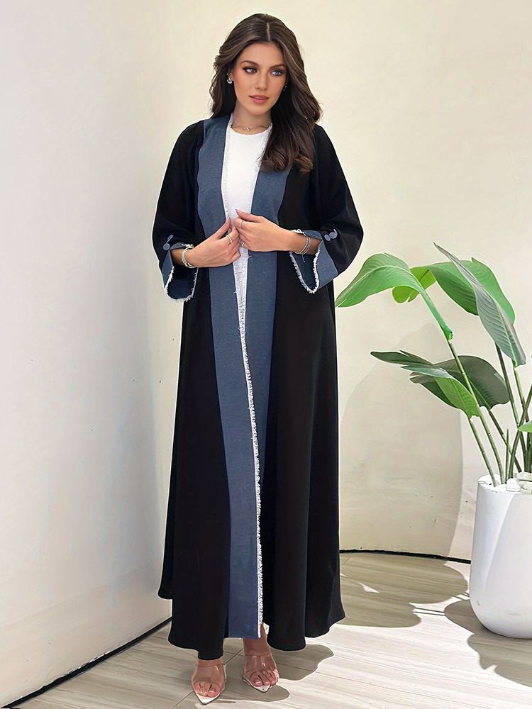 Women Cardigan Abaya Elegant Contrast Color Tassel Long Dress Muslim Dubai Arab Clothing_ecoleips.com