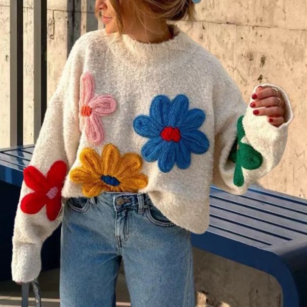 Embroidered Crochet Sweater – Boho Chic Loose Knit, Floral Detailing (Black/White, One Size)_ecoleips.com