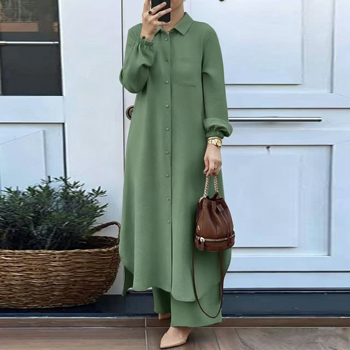 Women's Fashion Casual Suit Cross Border Factory Patchwork Lapel Long Shirt Puff Sleeve Wide Leg Pants_ecoleips.com