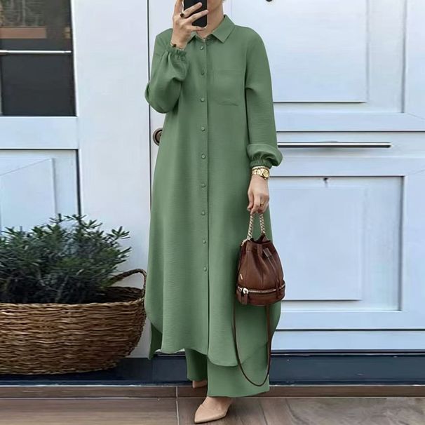 Women's Fashion Casual Suit Cross Border Factory Patchwork Lapel Long Shirt Puff Sleeve Wide Leg Pants_ecoleips.com