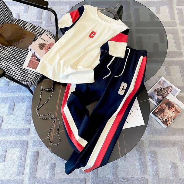 Women's Clothing Fashion Sports Casual Short Sleeved Suit For Women Summer New Slim Contrast Color Wide Leg Pants Fashion Version Two Piece Suit_ecoleips.com