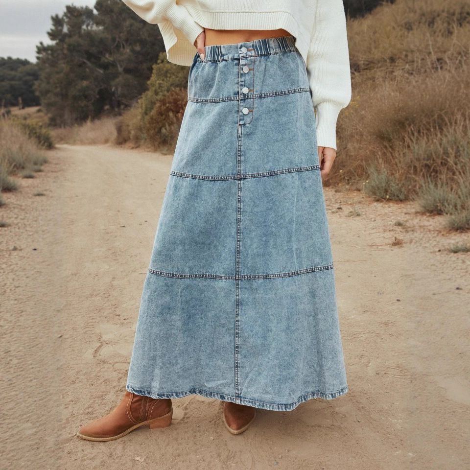 Bohemian A-Line Denim Skirt With Layered Hem & Abstract Print - Mid-Length Raw Edge Denim Skirt For Women_ecoleips.com