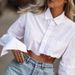 Fashionable Lapel Button down Cardigan Shirt for Women Loose Fit Irregular High Waisted Cropped Top European American Style_ecoleips.com