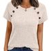 Women's Casual Short Sleeve Top With Ribbed Knit And Button Detail, Relaxed Fit Crewneck Shirt For Everyday Wear_ecoleips.com