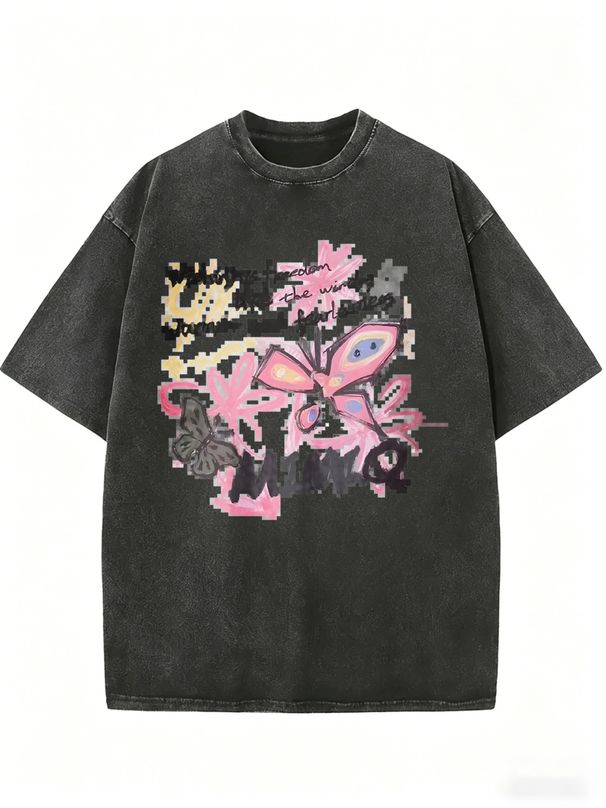 Women's Butterfly Graphic Cotton T-Shirt, Vintage Hand Drawn Doodle Casual Short Sleeve Tee_ecoleips.com