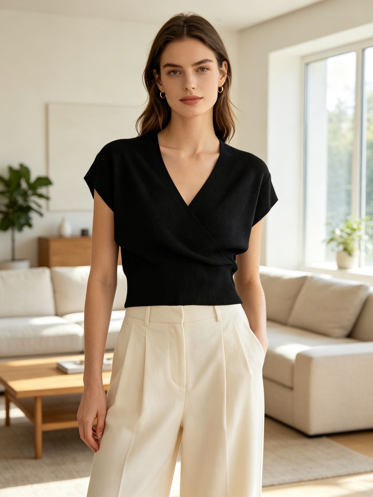 Skin-Friendly Loose Breathable V Neck Knit Top_ecoleips.com