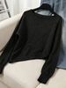 Women Boat Neck Long Sleeve Knit Top, Loose Speckled Cropped Sweater Lightweight Breathable Ribbed Cuffs Soft Skin Friendly Knit Shirt_ecoleips.com