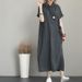 New Japanese Solid Color Cotton And Linen Lapel, Short Sleeve Loose Pocket Women's Casual Dress Women's_ecoleips.com