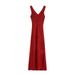 Rose Red V-Neck Strap For Women Summer Waist-Cinching Bodycon Vacation Long Elegant High-End Dress_ecoleips.com