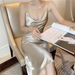 Women's Clothing Atmosphere Dress Careful Acetate Satin Champagne Swing Collar Suspender Skirt_ecoleips.com