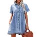 Women’s Denim Flounce Dress – Oversized Collar & Ruffled Hem Short Sleeve Dress (Relaxed Fit, Pre-Washed Cotton, 12 Colors, Sweet Aesthetic)_ecoleips.com