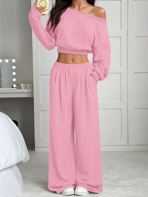 Off-Shoulder Cropped Sweater & Relaxed Pants Set – Casual Knit Two-Piece Outfit For Women (S-XXL)_ecoleips.com