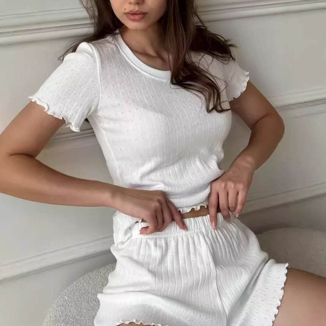 European And American Fashion Casual Suit Jacquard Ruffled Edge Slim Fit Elegant Home Round Neck Short Sleeve Shorts_ecoleips.com