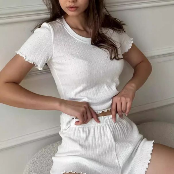 European And American Fashion Casual Suit Jacquard Ruffled Edge Slim Fit Elegant Home Round Neck Short Sleeve Shorts_ecoleips.com